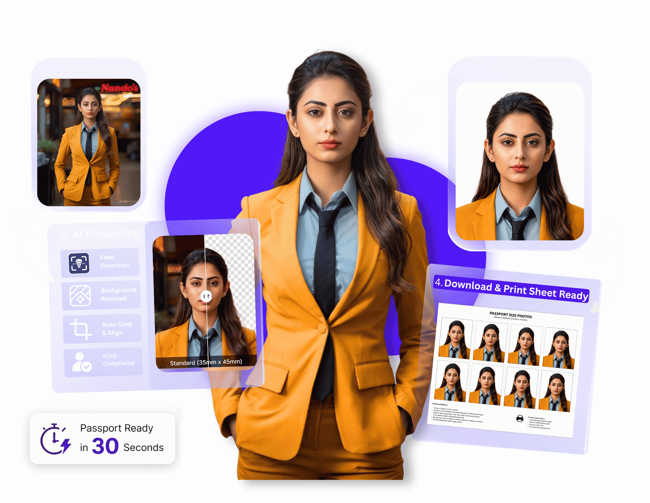 Passprint ICAO compliant passport photo workflow: upload portrait, AI background removal, compliant sizing, and print-ready A4 sheet