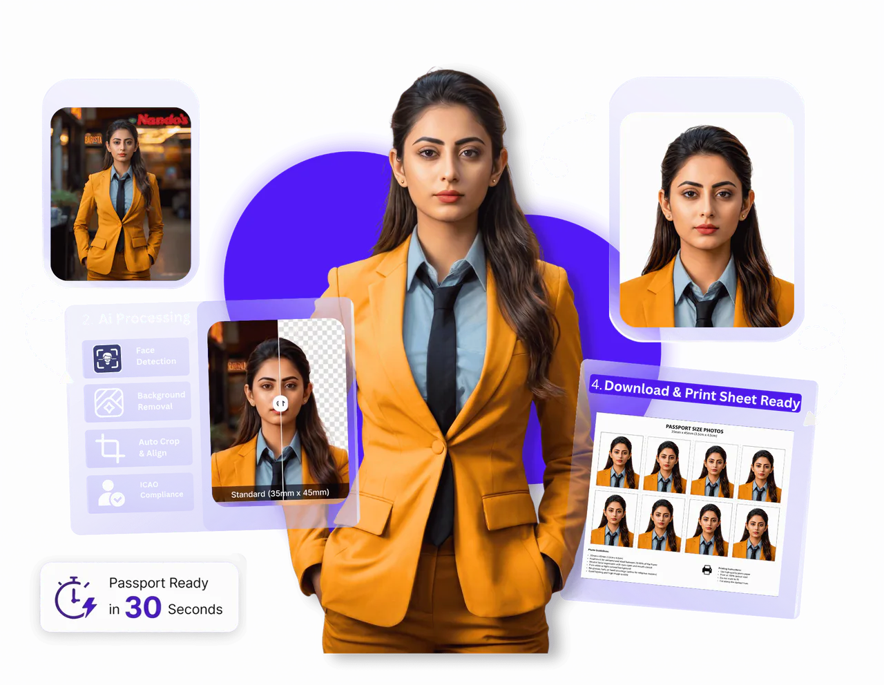 Passprint Canada passport photo workflow: upload portrait, AI background removal, compliant sizing, and print-ready A4 sheet