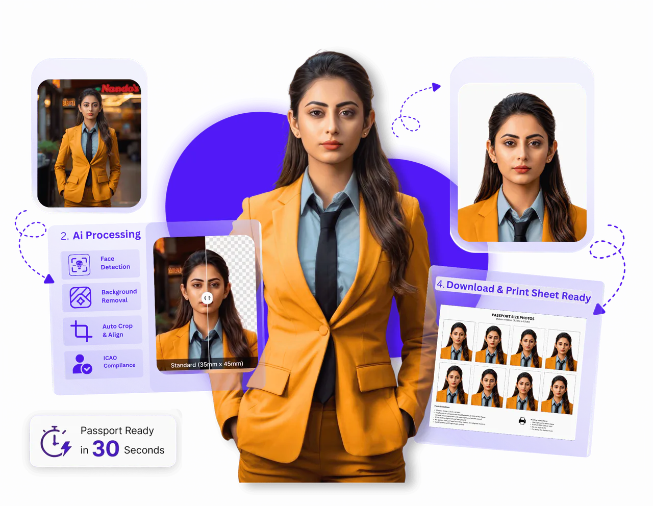 Passprint Canada passport photo workflow: upload portrait, AI background removal, compliant sizing, and print-ready A4 sheet